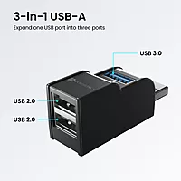 Portronics Mport 3A – 3-in-1 USB Hub, featuring USB 3.0 & 2.0 ports for high-speed data transfer, compact design, and compatibility with various devices, perfect for expanding connectivity.