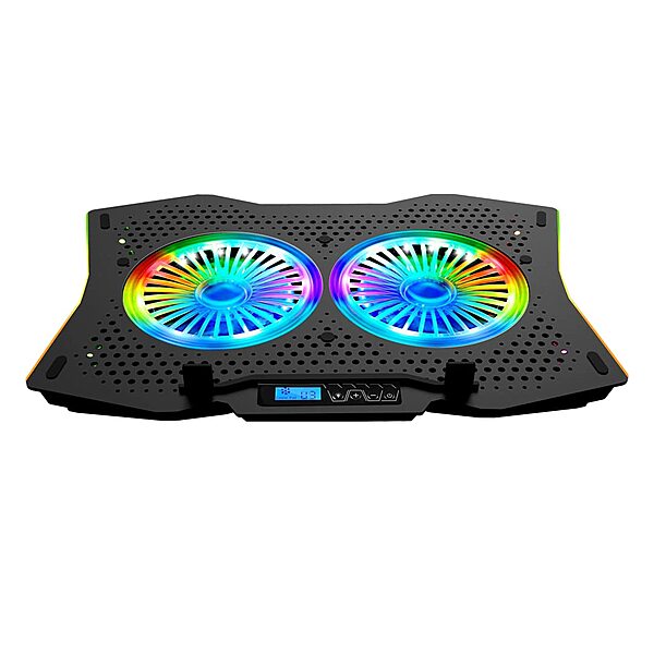 Live Tech VOSTOK RGB Cooling Pad – 6 Fans, Supports Laptops Up to 17", Adjustable Height, LED Lighting, Enhanced Airflow, Ergonomic Design, Lightweight, USB Powered, Ideal for Gaming & Work.