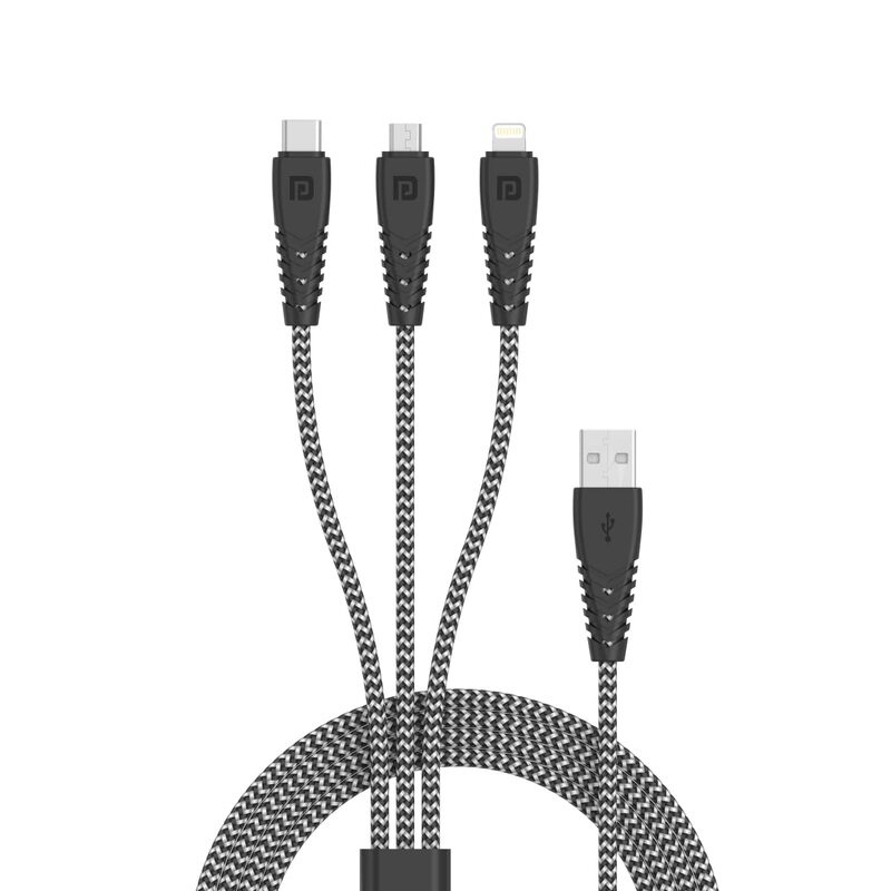 Portronics Konnect J9 3-in-1 Charging Cable – 3A Fast Charging | Data Sync | 1.5M Tangle-Free Cable