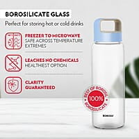 Borosil Crysto Wide Mouth Glass Water Bottle with Blue Lid | 750ml, Borosilicate Glass, Leakproof, Easy to Carry, Fridge & Dishwasher Safe | Can Use For, Lassi, Juice, Smoothies