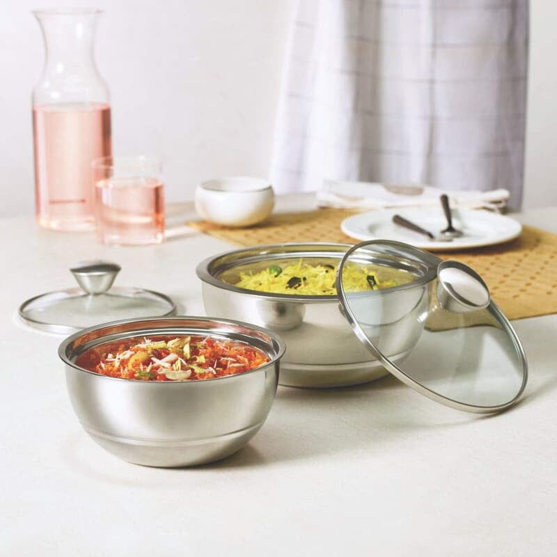 Borosil - Stainless Steel Insulated Curry Server, Set of 2 (500ml + 900ml) Silver