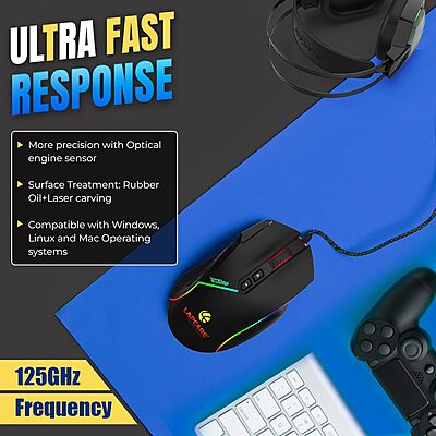 Lapcare Champ LGM-108 Wired Gaming Mouse – Adjustable DPI up to 7200 | 8 Programmable Buttons | Circular & Breathing RGB Lighting | Ergonomic Design