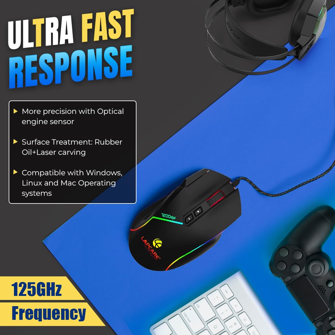 Lapcare Champ LGM-108 Wired Gaming Mouse – Adjustable DPI up to 7200 | 8 Programmable Buttons | Circular & Breathing RGB Lighting | Ergonomic Design