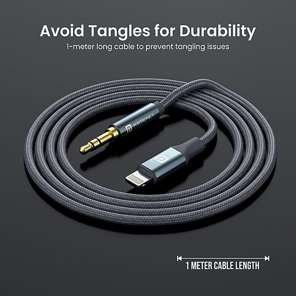 Portronics iKonnect L Plus Lightning to 3.5mm AUX Cable 1m – Braided Audio Cable