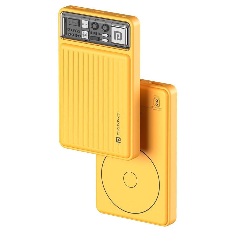 Portronics Mini 10K – 15W Magnetic Wireless Power Bank (Yellow) offers fast charging with a sleek design. Compact and portable, it ensures your devices stay powered on the go. Perfect for travel!