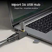 Portronics Mport 3A – 3-in-1 USB Hub, featuring USB 3.0 & 2.0 ports for high-speed data transfer, compact design, and compatibility with various devices, perfect for expanding connectivity.