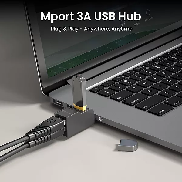 Portronics Mport 3A – 3-in-1 USB Hub, featuring USB 3.0 & 2.0 ports for high-speed data transfer, compact design, and compatibility with various devices, perfect for expanding connectivity.