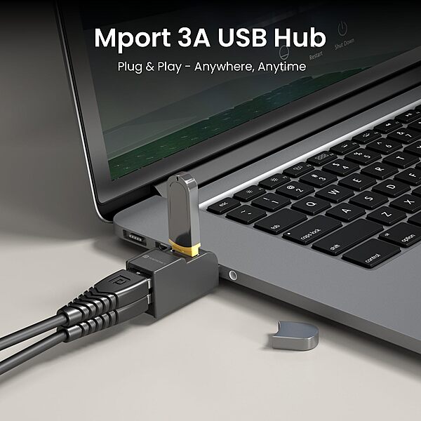 Portronics Mport 3A – 3-in-1 USB Hub, featuring USB 3.0 & 2.0 ports for high-speed data transfer, compact design, and compatibility with various devices, perfect for expanding connectivity.