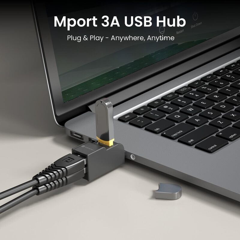 Portronics Mport 3A – 3-in-1 USB Hub, featuring USB 3.0 & 2.0 ports for high-speed data transfer, compact design, and compatibility with various devices, perfect for expanding connectivity.