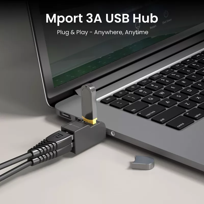 Portronics Mport 3A – 3-in-1 USB Hub, featuring USB 3.0 & 2.0 ports for high-speed data transfer, compact design, and compatibility with various devices, perfect for expanding connectivity.