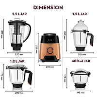 Borosil Fortuner Mixer Grinder Blender Juicer, Copper Motor, For Wet/Dry Mixing & Grinding, Blending Smoothies & Juicing Fruits 1000 Watts, 4 Jars (0.4L+1L+1.2L) (1.5L+1.5L+1.2L+0.4L)