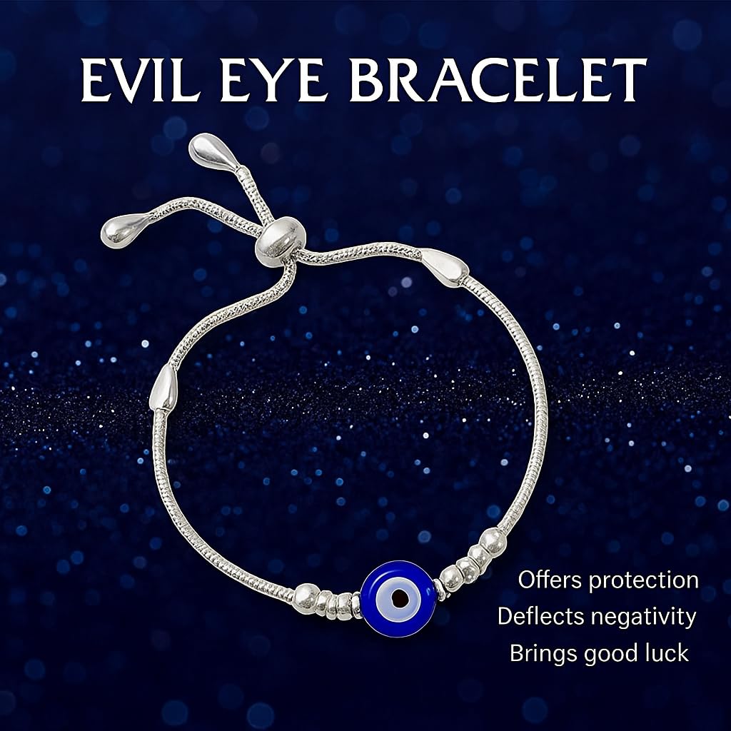 Sterling Silver Adjustable Evil Eye Bracelet for Girls and Women Free Size