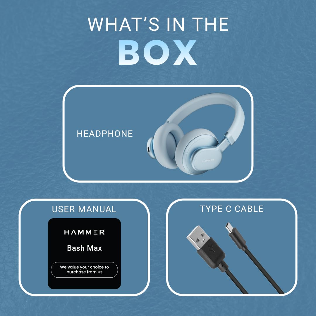 HAMMER Bash Max Over The Ear Wireless Bluetooth Headphones with Mic, Touch Control, Deep Bass, Upto 40 Hours Playtime, Bluetooth 5.3, Workout/Travel (Blue) HAMMER Bash Max Over The Ear Wireless Bluetooth Headphones with Mic, Touch Control, Deep Bass, Upto 40 Hours Playtime, Bluetooth 5.3, Workout/Travel (Blue)