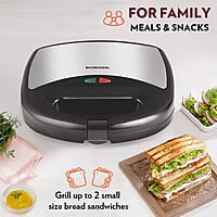 Borosil Neo Grill 2.0, 750 Watt, Bread Sandwich Maker, Makes 2 Sandwiches, Non-stick Grill plates opens 105°, For Snacks and Breakfast