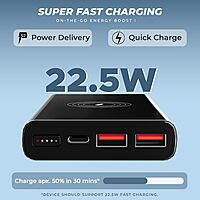 Lapcare MULT I LPB‑453: 10,000 mAh Li‑Polymer power bank with 22.5 W fast wired charging, 15 W wireless charging, dual USB + Type‑C ports, LED indicator & safety protections.