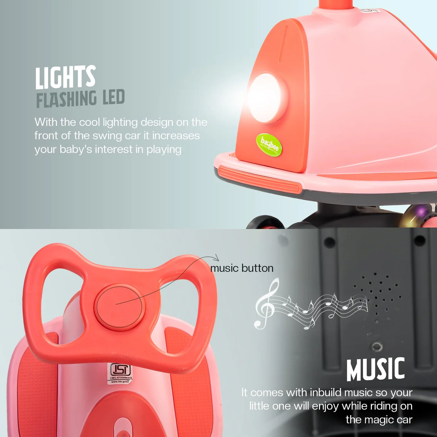 Baybee Nord Kids Magic Swing Car for Kids- Light Pink Baybee Nord Kids Magic Swing Car for Kids- Light Pink