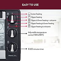 Borosil Prima 24 L Oven Toaster & Grill, Motorised Rotisserie & Convection Heating, 5 Heating Modes, Black