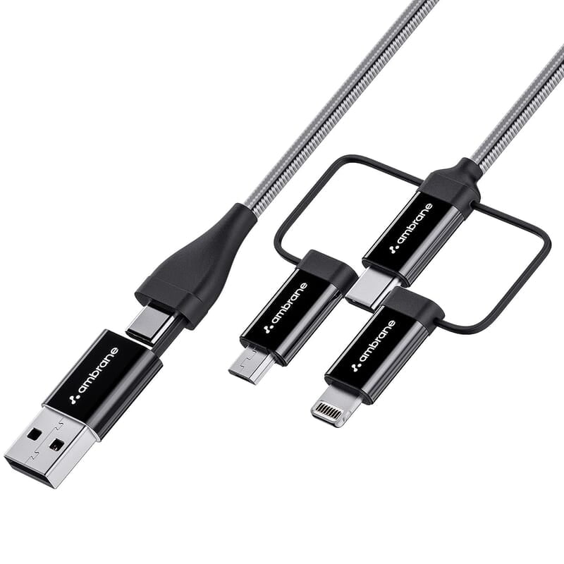 Ambrane 6-in-1 60W Fast Charging Cable with Micro, Type C & iPhone Support, Compatible with all devices