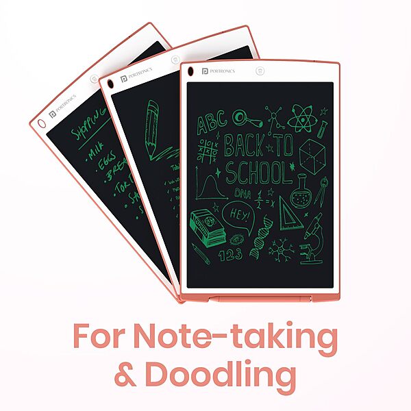 Portronics Ruffpad 12 – 12" LCD Writing Pad, Pink. Perfect for doodling, note-taking, and reminders. Lightweight, portable, and eco-friendly. Easy to erase with a single button. Ideal for all ages!