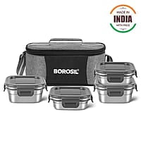 Borosil Feast Stainless Steel Lunch Box with Bag | Set of 4 (400 ml x 2 + 250 ml x 2), Square