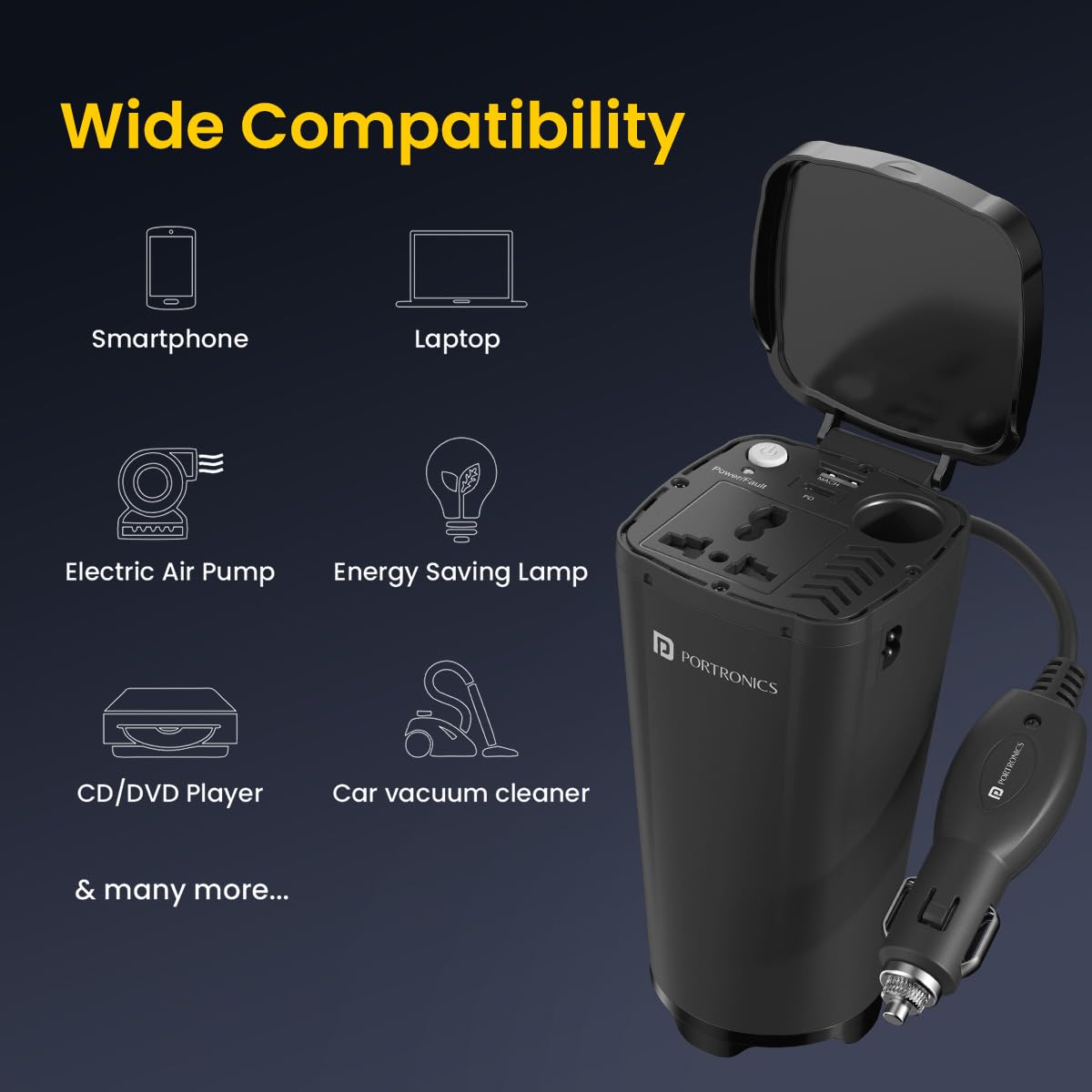 Portronics 200W Car Power Inverter – 30W Type-C PD, AC Socket & USB | Black