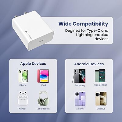 Lapcare Wall Charger LWC 603 features dual USB ports (USB‑A + Type‑C), 5 V/3 A total output, universal 100‑240 V input, built‑in short‑circuit & surge protection, with LED status indicator.