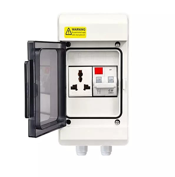 4-Way EV Charging MCB Box | IP66 Weatherproof Outdoor DB with 3-Pin 6A Socket & Sibass 32A 2-Pole AC MCB