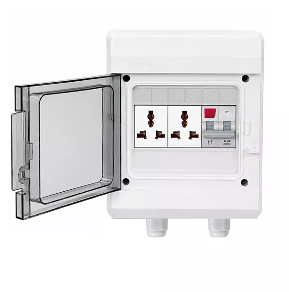 6-Way EV Charging MCB Box | IP66 Weatherproof Outdoor DB with 3-Pin 6A Double Socket & Sibass 32A 2-Pole AC MCB