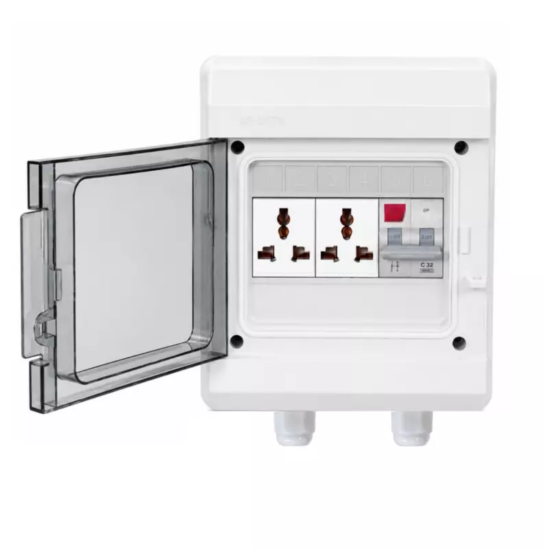 6-Way EV Charging MCB Box | IP66 Weatherproof Outdoor DB with 3-Pin 6A Double Socket & Sibass 32A 2-Pole AC MCB