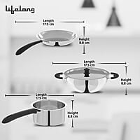 Lifelong 3 pc Cookware 2 Litre Stainless Steel Kadhai with SS Lid 23 CM 1.2 Litre Stainless Steel Sauce Pan 16 CM 1.2 litres Stainless Steel Fry Pan 23 CM