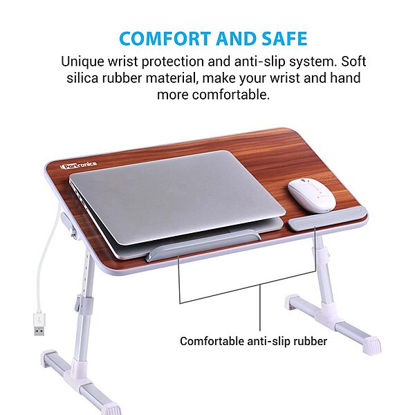 Portronics My Buddy Plus is an adjustable laptop table with a cooling fan, multiple height settings, and portable design for convenience.