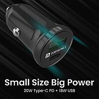 Portronics 38W Dual Output Car Charger – 20W Type-C PD & 18W USB Fast Charging for iPhone & Android