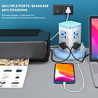 Portronics Power Plate 9 – Features 8 sockets and 3 USB ports for versatile charging. Compact design in blue, perfect for home or office use. Safe and efficient power distribution.