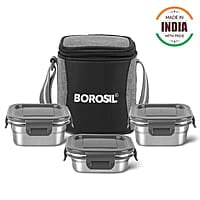 Borosil Feast Stainless Steel Lunch Box with Bag | Set of 3 (400 ml x 2 + 250 ml x 1), Square