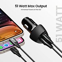 Portronics 51W Car Charger | Dual Output USB & Type-C PD | Fast charging for multiple devices | Compact design | Ideal for travel | Compatible with smartphones, tablets, and more.