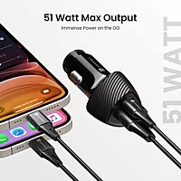 Portronics 51W Dual Output Car Charger 33W Type-C PD + 18W USB Fast Charging Black