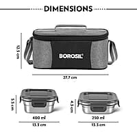 Borosil Feast Stainless Steel Lunch Box with Bag | Set of 4 (400 ml x 2 + 250 ml x 2), Square