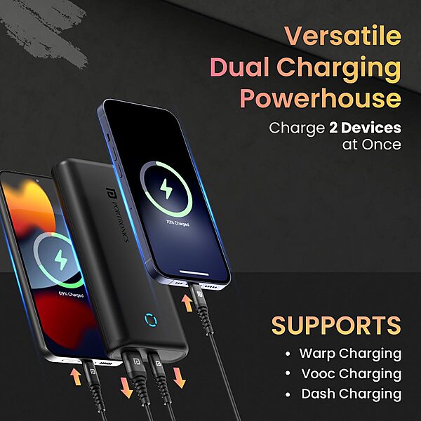 PowerPod 20K – 20000mAh, 22.5W Fast Charging | Portronics, compact design, dual USB output, LED indicator, perfect for travel, compatible with smartphones, tablets, and more. Stay powered!