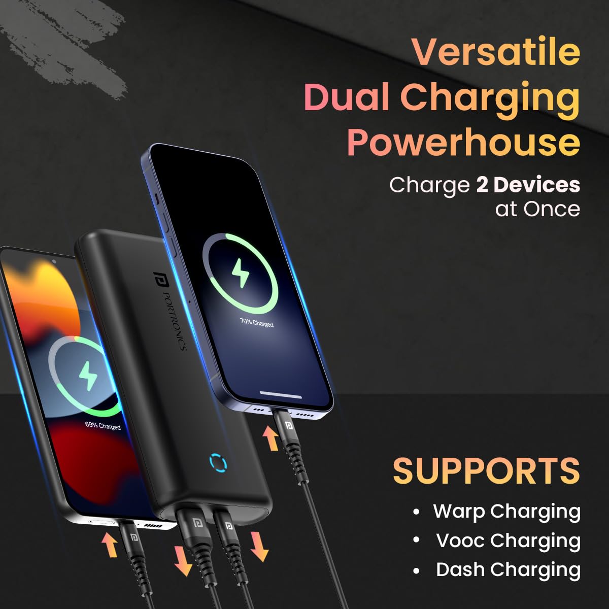 PowerPod 20K – 20000mAh, 22.5W Fast Charging | Portronics, compact design, dual USB output, LED indicator, perfect for travel, compatible with smartphones, tablets, and more. Stay powered!