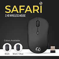 Lapcare Safari‑006 (LWM‑006): dual Bluetooth 5.0 & 2.4 GHz wireless, ergonomic design, 1600 DPI sensor, plug‑and‑play, 1‑yr warranty.