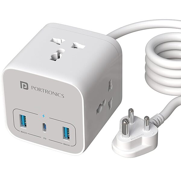 Portronics Volt 20 – 20W Desktop Charger features 3 AC ports, allowing you to charge multiple devices simultaneously. Compact design, efficient power delivery, perfect for home or office use.