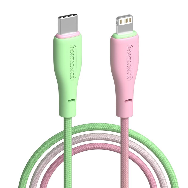 Portronics Hue X – 20W Type-C to Lightning Cable, vibrant Green+Pink design, fast charging, durable build, perfect for iPhone and iPad, stylish and functional, ideal for everyday use.