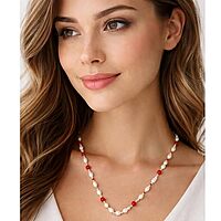 925 Sterling Silver Pearl and Red Mani Mala – Silver Tied Pearl Necklace with Red Beads