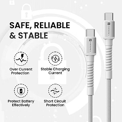 Portronics Konnect X – 60W Type-C Cable, 2M, White, fast charging, durable design, compatible with various devices, perfect for home and office use, tangle-free, high-speed data transfer.