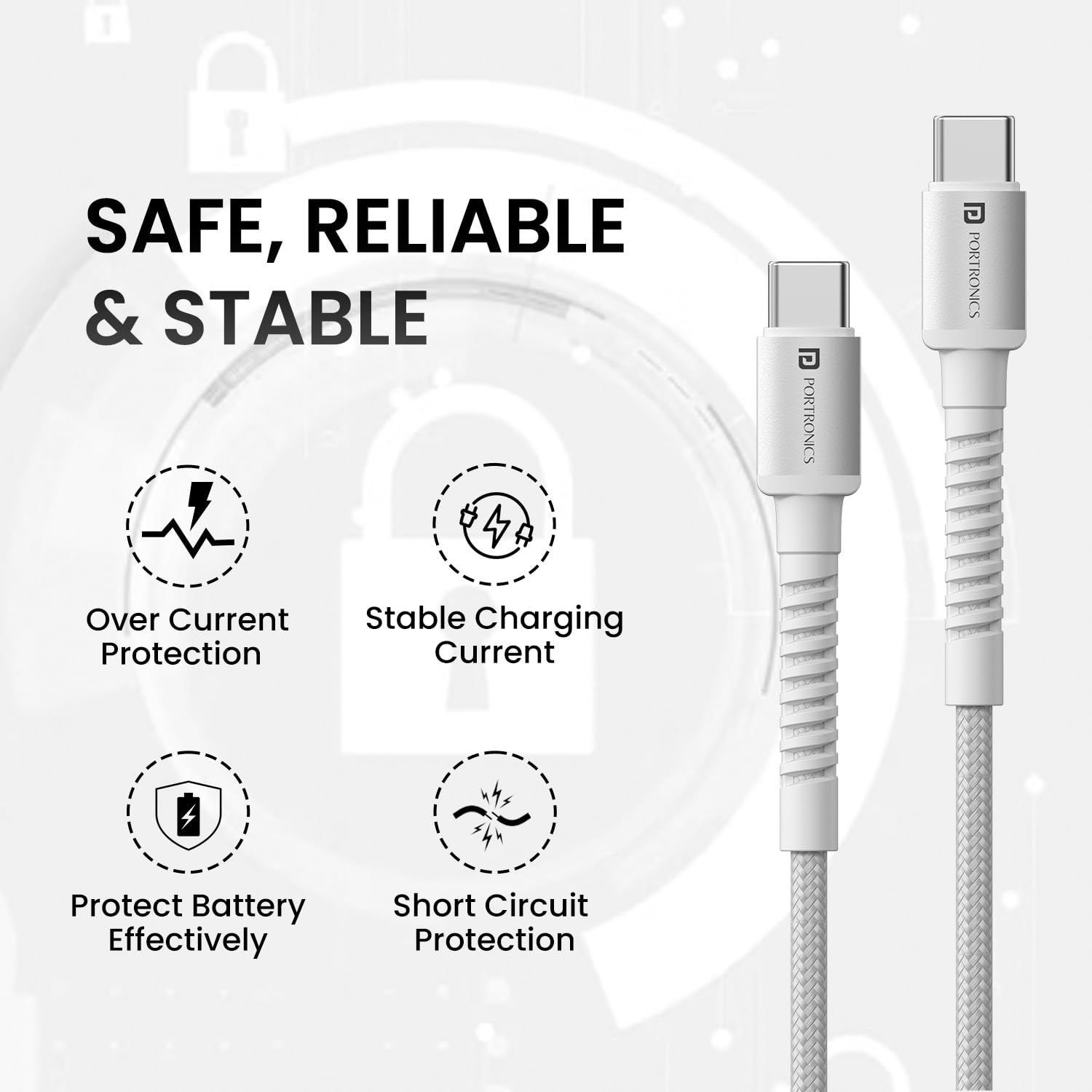 Portronics Konnect X – 60W Type-C Cable, 2M, White, fast charging, durable design, compatible with various devices, perfect for home and office use, tangle-free, high-speed data transfer.