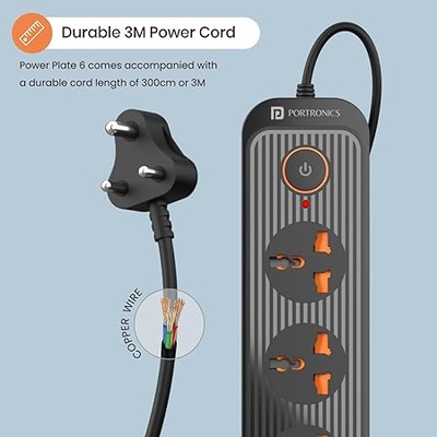 Portronics Power Plate 6 with 4 USB Port + 5 Power Sockets Extension Board, 2500W Power Converter, Cord Length 3Mtr (Black) Portronics Power Plate 6 with 4 USB Port + 5 Power Sockets Extension Board, 2500W Power Converter, Cord Length 3Mtr (Black)