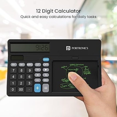 Portronics Ruffpad Calc 2 2-in-1 Calculator & LCD Writing Pad with 14.4 cm Writing Area, Multi Function Digital Calculator Stylus Pen for Students, Birthday Gift, Kids Toys, School, Office(Black) Portronics Ruffpad Calc 2 2-in-1 Calculator & LCD Writing Pad with 14.4 cm Writing Area, Multi Function Digital Calculator Stylus Pen for Students, Birthday Gift, Kids Toys, School, Office(Black)