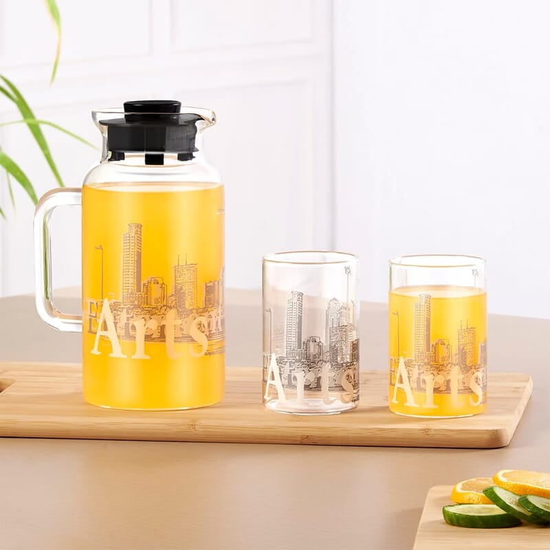 Borosil Artisan Series Roma 1000ml Multipurpose Jug with 2 pc Medium (295 ml) Glass Set | 100% Borosilicate, Fridge & Freezer, Dishwasher Safe | Glass Jug with Tumbler | Transparent