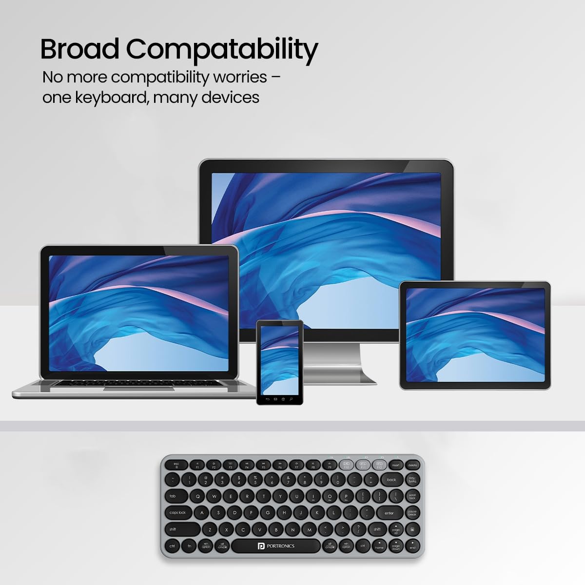 Portronics Bubble 2.0 Bluetooth + Wireless Keyboard – Grey & Black | 1 Year Warranty