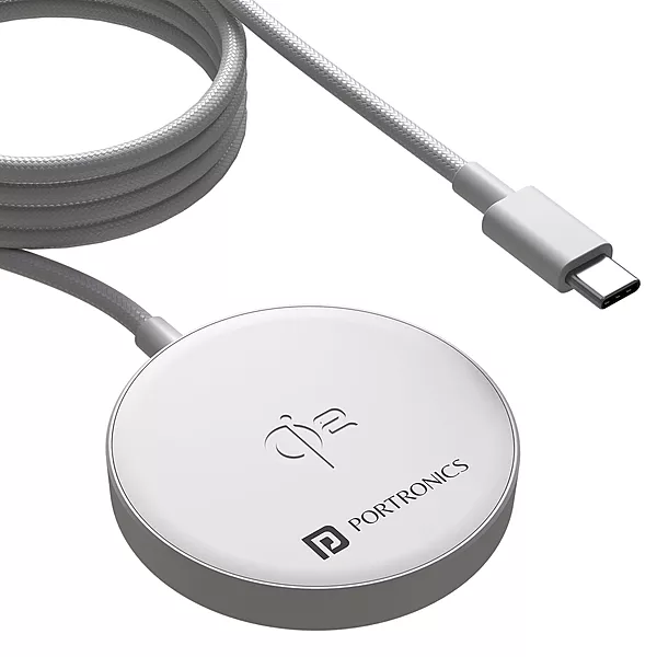 Portronics Quikk Qi2 15W Mag Wireless Charger features Type-C input for fast charging. Its sleek design and magnetic alignment ensure efficient power delivery for your devices. Compact and portable.